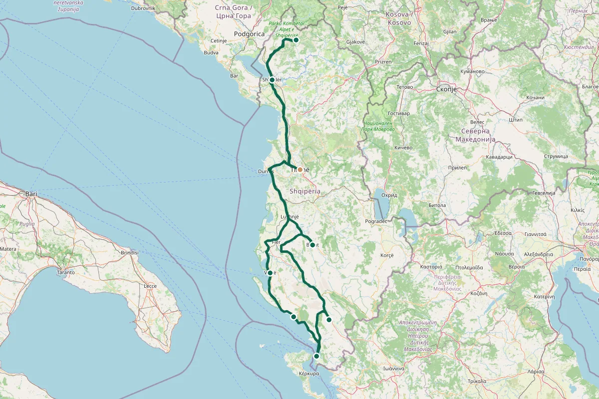 Carte de l'itinéraire Road trip en Albanie : l'itinéraire complet en 10 jours : Tirana, Tirana → Shkodër, La route de Theth, Theth — randonnées, Theth → Krujë → Tirana, Berat, la ville aux mille fenêtres, Berat → Gjirokastër, Blue Eye → Ksamil, Butrint et les plages, La Riviera et retour