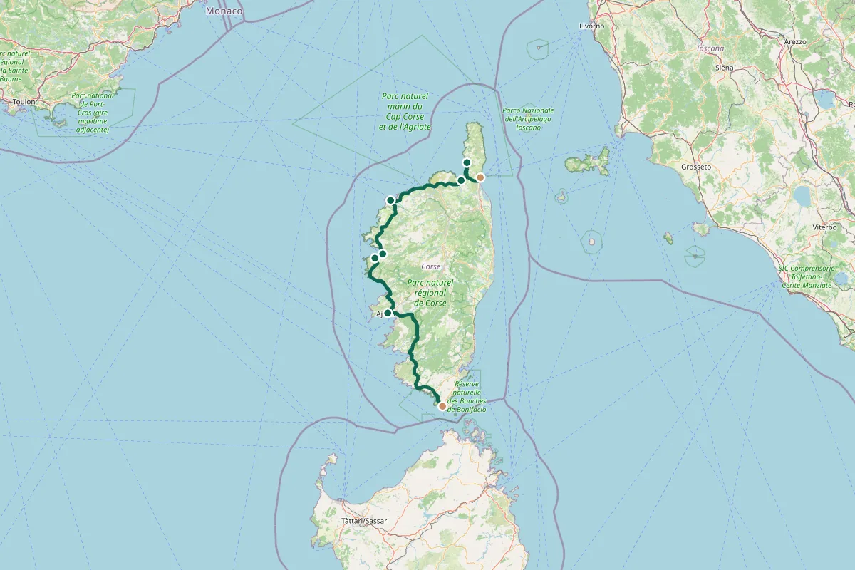 Carte de l'itinéraire Road trip en Corse : le tour de l'île en 10 jours : Arrivée à Bastia, Le tour du Cap Corse, Saint-Florent et le désert des Agriates, Saint-Florent → Calvi, Calvi → Porto par la côte, Scandola et les calanques de Piana, Porto → Ajaccio, Ajaccio → Bonifacio, Bonifacio → Porto-Vecchio, Remontée vers Bastia