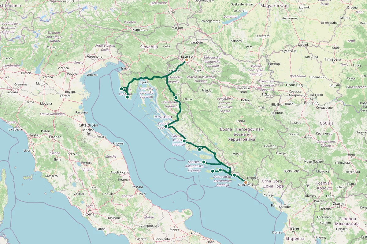 Carte de l'itinéraire Road trip en Croatie en 14 jours : l'Istrie, les parcs, les îles et Dubrovnik : Zagreb, la voiture et la ville haute, Rovinj, avec Pula et Motovun en excursions, Rovinj → lacs de Plitvice par Rijeka, Plitvice à l'ouverture, puis Zadar, Parc de Krka et Šibenik, Trogir, puis deux nuits à Split, Île de Hvar, Korčula par Sućuraj, Drvenik et Orebić, Korčula → Pelješac → Ston → Dubrovnik, Dubrovnik, Retour depuis Dubrovnik