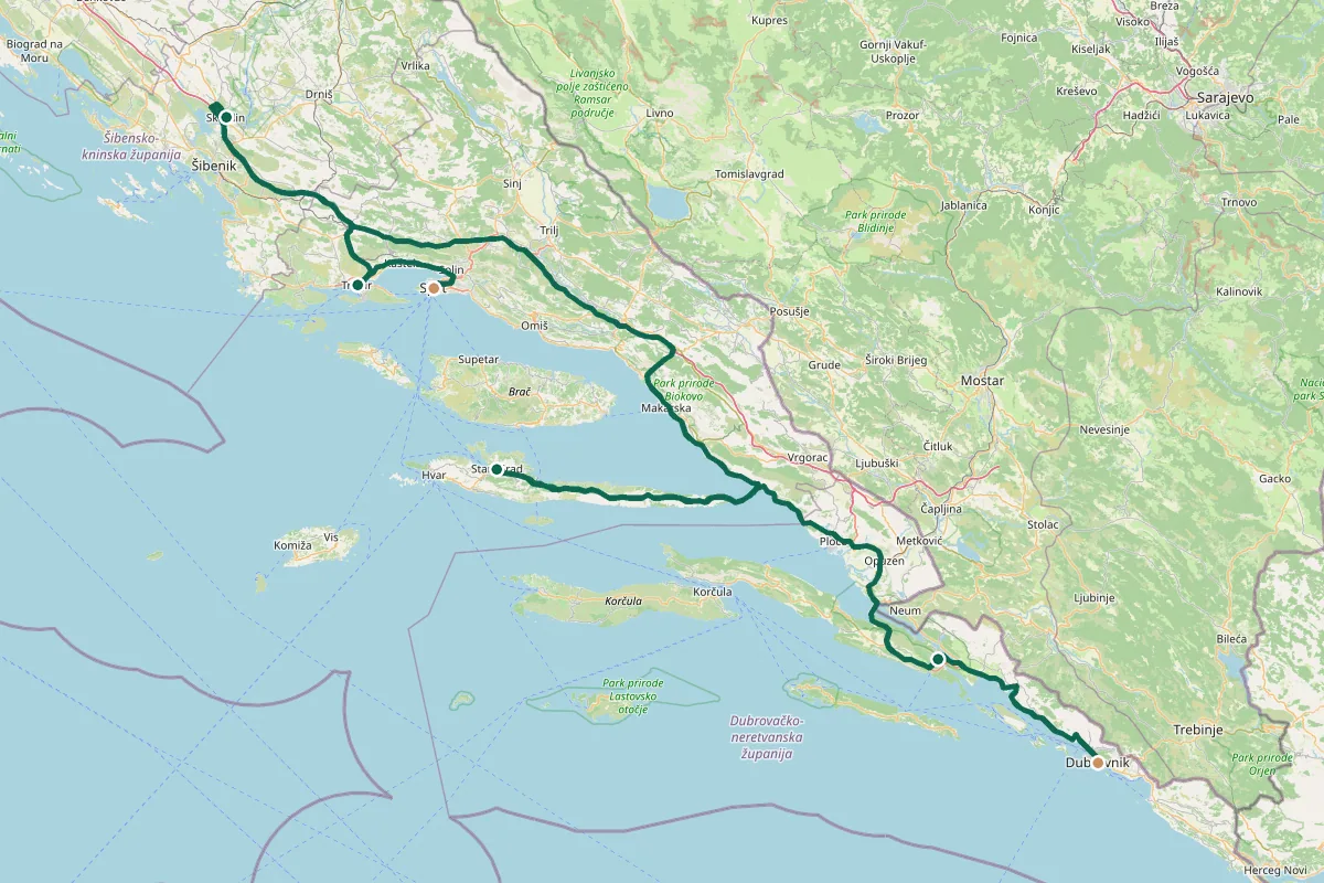 Carte de l'itinéraire Road trip en Croatie en 7 jours : la côte dalmate, de Split à Dubrovnik : Atterrissage à Split, détour par Trogir, Parc national de Krka, puis retour à Split, Île de Hvar, Hvar → Pelješac par le bout de l'île, Ston → Dubrovnik, tour des remparts, Dubrovnik sans voiture : Lokrum ou Cavtat, Retour depuis Dubrovnik