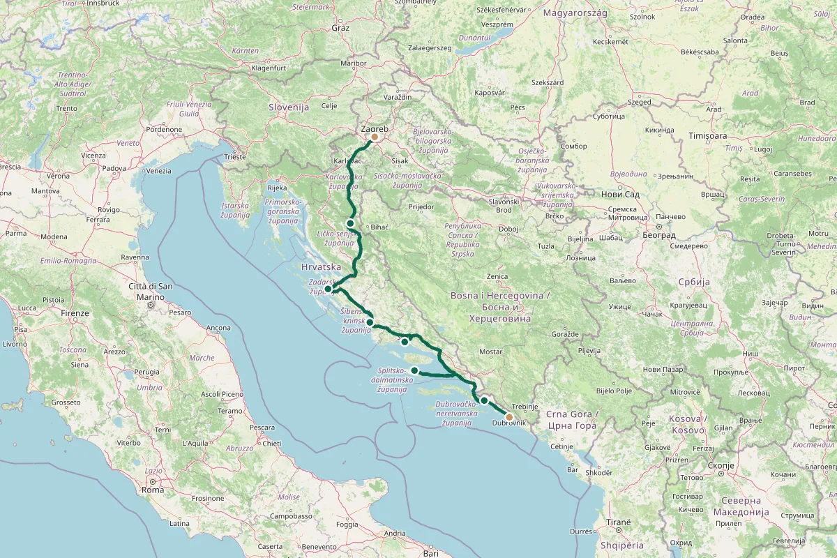 Carte de l'itinéraire Road trip en Croatie : l'itinéraire complet en 10 jours : Zagreb, Lacs de Plitvice, Zadar, Parc de Krka + Šibenik, Trogir puis Split, Split, Île de Hvar, Cap au sud — Ston, Dubrovnik, Retour