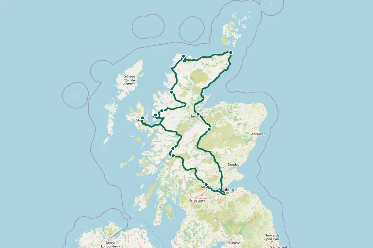 Carte de l'itinéraire Road trip en Écosse : Highlands, île de Skye et North Coast 500 en 10 jours : Édimbourg — sans la voiture, Édimbourg → Stirling → Glencoe, Fort William, Glenfinnan → Mallaig → Skye (Portree), Île de Skye : Old Man of Storr, Quiraing, Neist Point, Skye → Applecross (Bealach na Bà) → Torridon → Ullapool, Ullapool → Durness, Smoo Cave → John o' Groats, Caithness : Duncansby Head, Dunnet Head, Castle of Mey, John o' Groats → Dunrobin → Culloden → Inverness, Loch Ness → Speyside → Aviemore, Cairngorms → Édimbourg