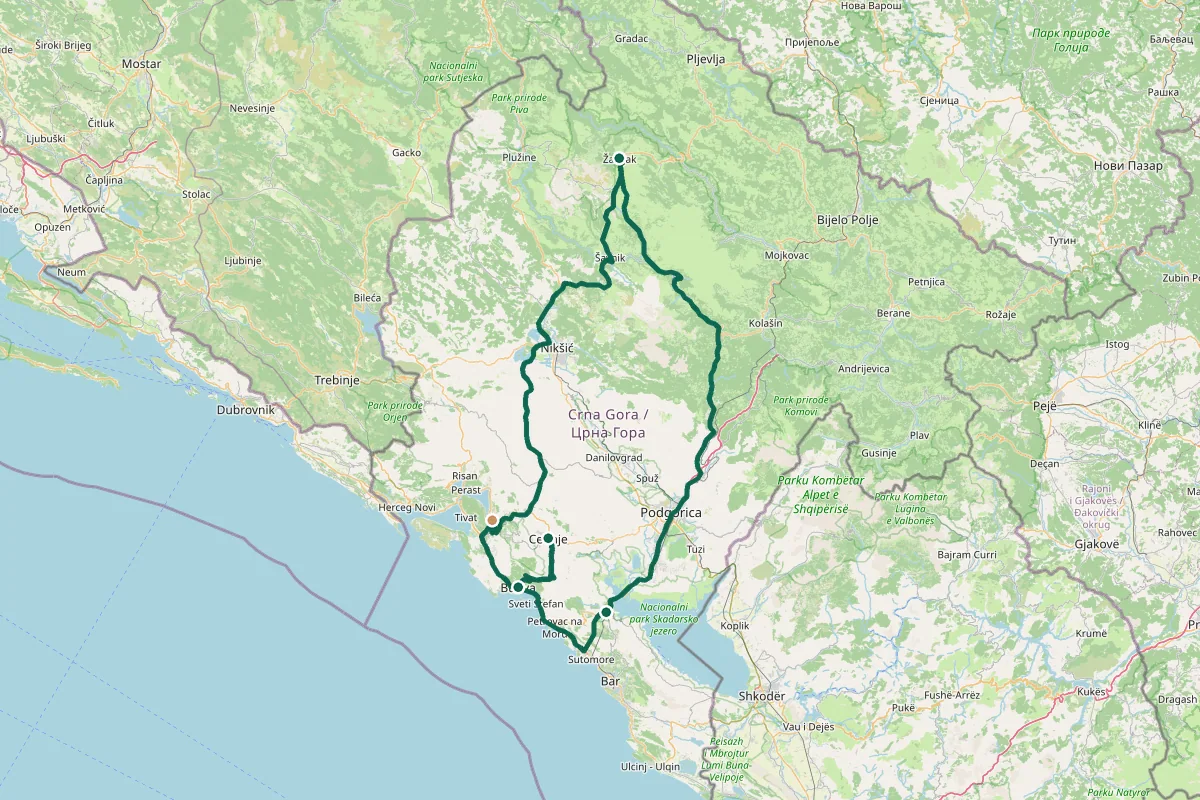 Carte de l'itinéraire Road trip au Monténégro : l'itinéraire idéal en 7 jours : Arrivée → Kotor, Les bouches de Kotor, La serpentine de Lovćen → Cetinje → Budva, Sveti Stefan → lac de Skadar, Canyon de la Morača → Kolašin, Canyon de la Tara → Durmitor, Lac Noir et retour