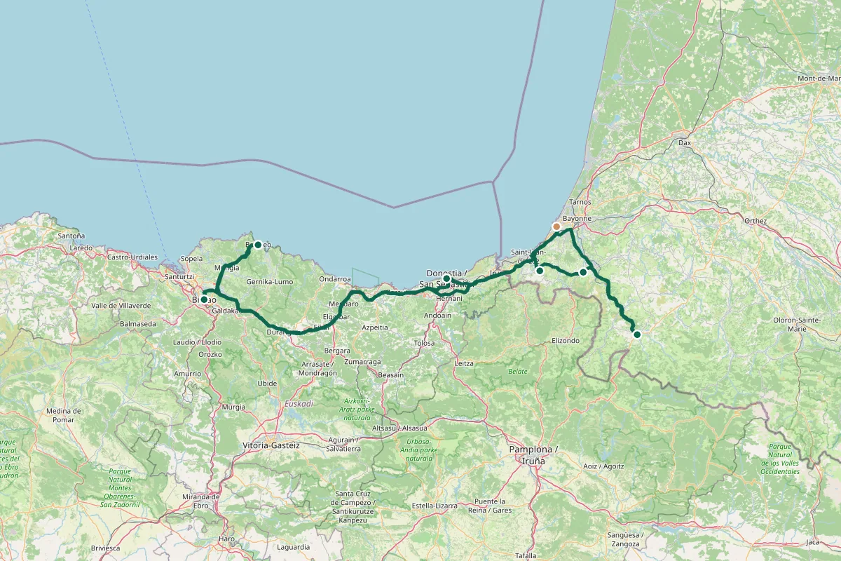 Carte de l'itinéraire Road trip au Pays basque : la boucle idéale en 6 jours : Biarritz, Saint-Jean-de-Luz et La Rhune, Villages du Labourd → Saint-Jean-Pied-de-Port, Cap sur Saint-Sébastien, La côte du Guipuscoa → Bilbao, Bilbao et Gaztelugatxe