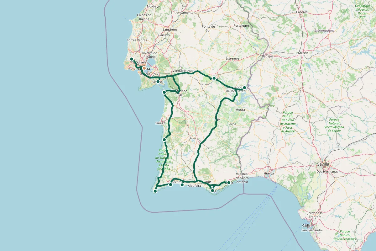Carte de l'itinéraire Road trip au Portugal en 10 jours : la boucle Sud, de Lisbonne à l'Algarve : Lisbonne — sans la voiture, Aéroport de Lisbonne → Sintra : Pena et la Regaleira, Sintra → Setúbal, parc naturel de l'Arrábida → Sesimbra, Sesimbra → Évora, Évora → Monsaraz et le grand lac d'Alqueva, Monsaraz → Mértola → Tavira, Tavira → Faro et la Ria Formosa → Carvoeiro, Benagil, Marinha → Lagos, Ponta da Piedade → Sagres, Cabo de São Vicente, Sagres → côte vicentine → Vila Nova de Milfontes, Milfontes → Comporta → Lisbonne