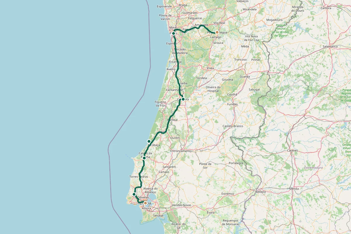 Carte de l'itinéraire Road trip au Portugal : l'itinéraire idéal en 1 semaine : Lisbonne — sans la voiture, Lisbonne → Sintra, Cabo da Roca puis Óbidos, Nazaré et Batalha → Coimbra, Coimbra → Porto, Porto, Vallée du Douro (option) et retour