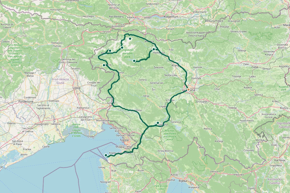 Carte de l'itinéraire Road trip en Slovénie : la boucle idéale en 7 jours : Ljubljana, Bled et les gorges de Vintgar, Bohinj et le Vogel, Kranjska Gora → col du Vršič → Bovec, Vallée de la Soča : Bovec, Kozjak, Kobarid, Postojna, Predjama → Piran, Piran → Ljubljana