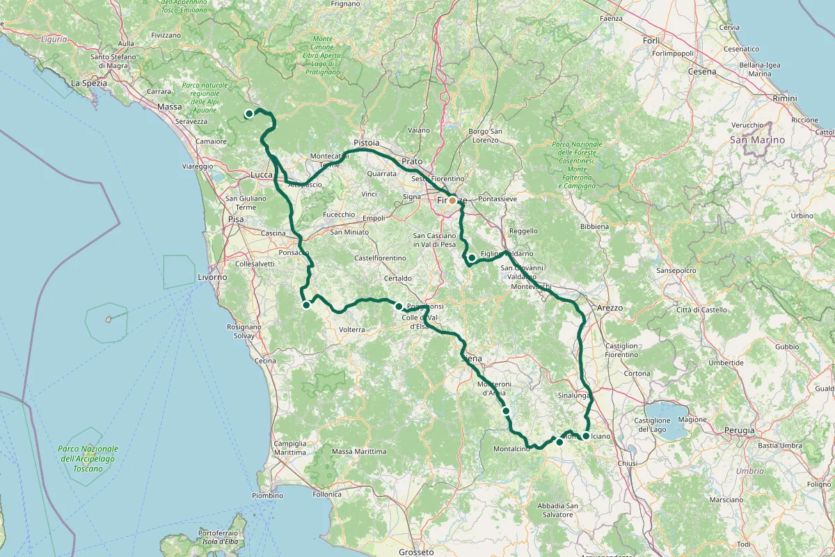 Carte de l'itinéraire Road trip en Toscane : l'itinéraire parfait en 7 jours : Florence — sans la voiture, Florence → Lucques, Pise puis San Gimignano, San Gimignano → Sienne, Le Val d'Orcia, Montalcino et le Chianti, Retour Florence